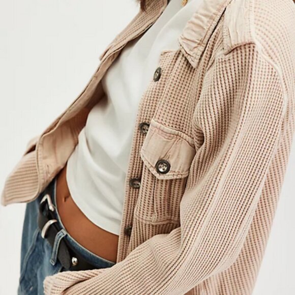 Free People FP One Logan Jacket Tan Buttondown Pocket Top M & S - Picture 3 of 4